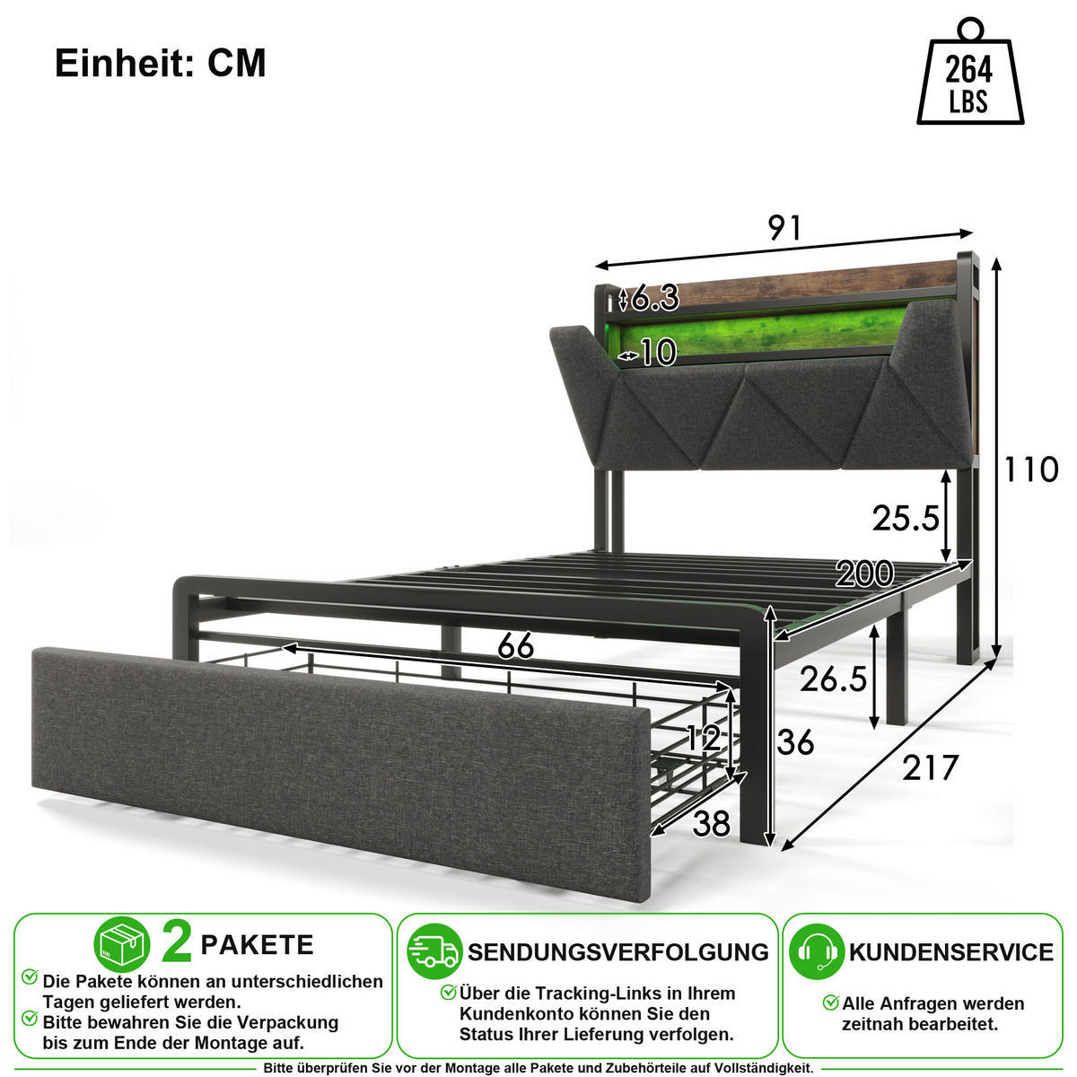 POLSTERBETT 90/200 cm in Grau mit Stauraum-Kopfteil, USB, 2 Schubladen und Matratze - Grau, Holzwerkstoff/Textil (90/200cm) - CHICFURN