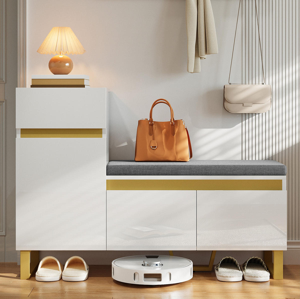 SCHUHSCHRANK 120/35/85 cm in Weiß mit Sitzkissen und Schublade - Weiß, Holzwerkstoff (120/85/35cm) - Flora Grace