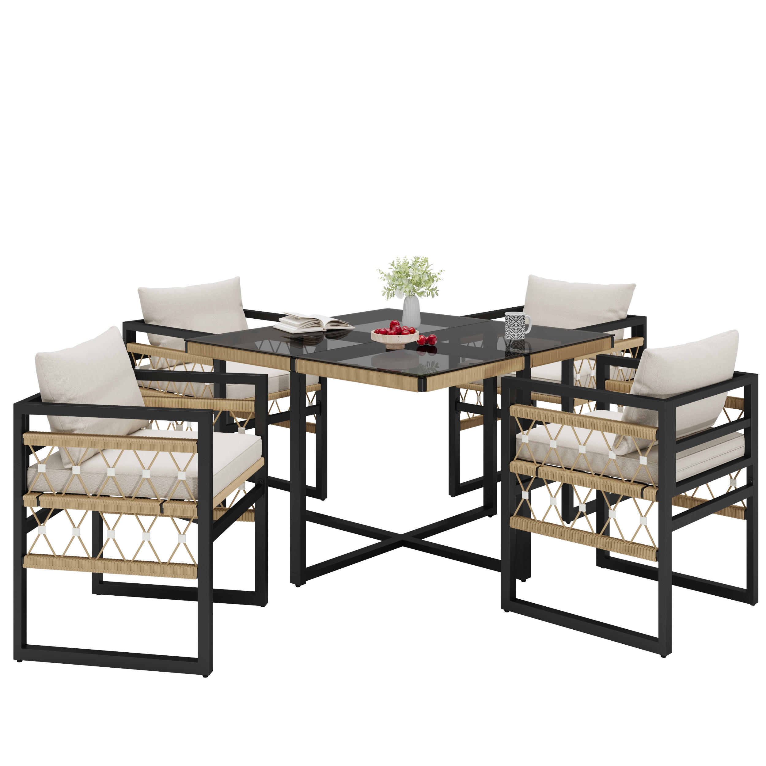 GARTENSETS aus Eisen 110x110x74cm Beige+Schwarz mit Sicherheitsglas-Tisch - Schwarz, Metall - Modfu