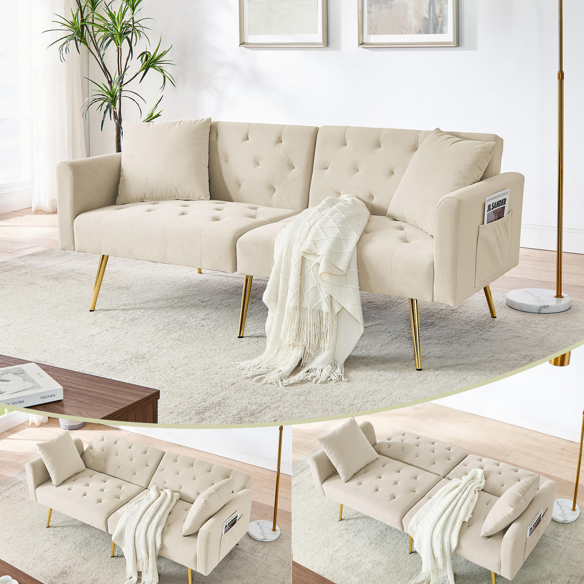 SCHLAFSOFA 177/78/74 cm in Beige Samt mit Aufbewahrungstasche - Beige, Textil (78/74/177cm) - Oxeza