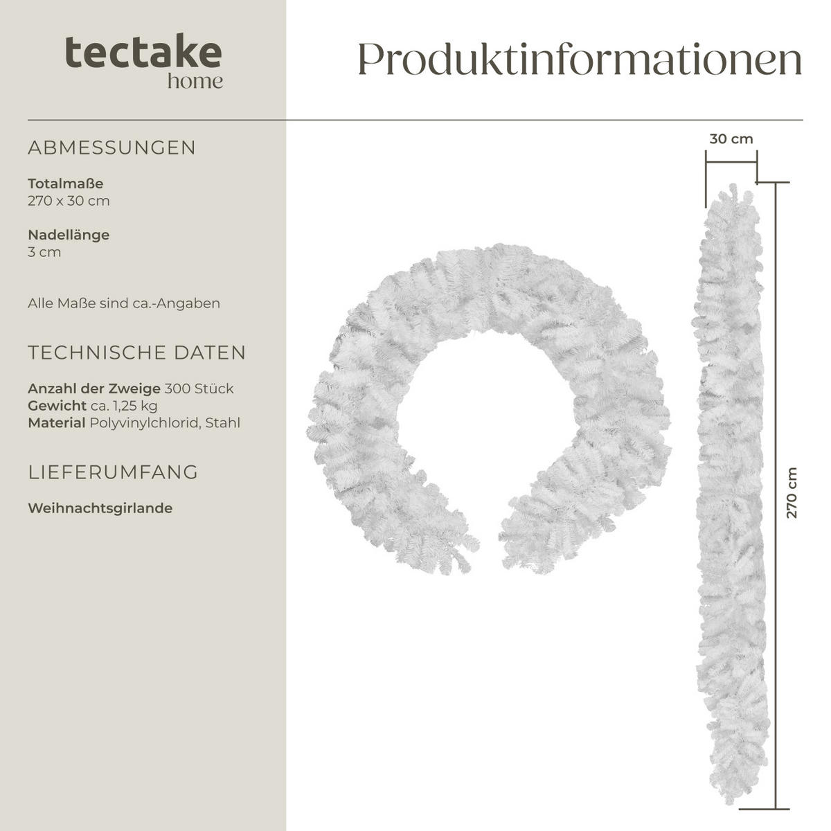 WEIHNACHTSGIRLANDE ,mit Schlaufe zum Aufhängen,weiß - Weiß, Kunststoff (270cm) - tectake