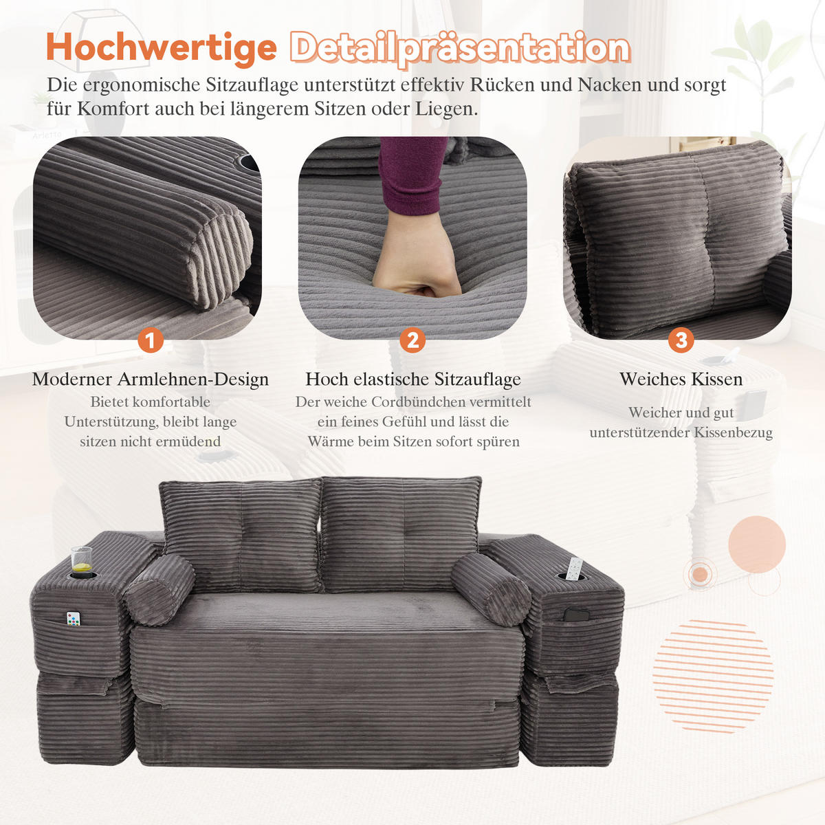 SCHLAFSOFA mit Klappfunktion, Memory-Kissen und Getränkehalter aus Cord - Dunkelgrau, Textil (180/80/98cm) - EVRYAE