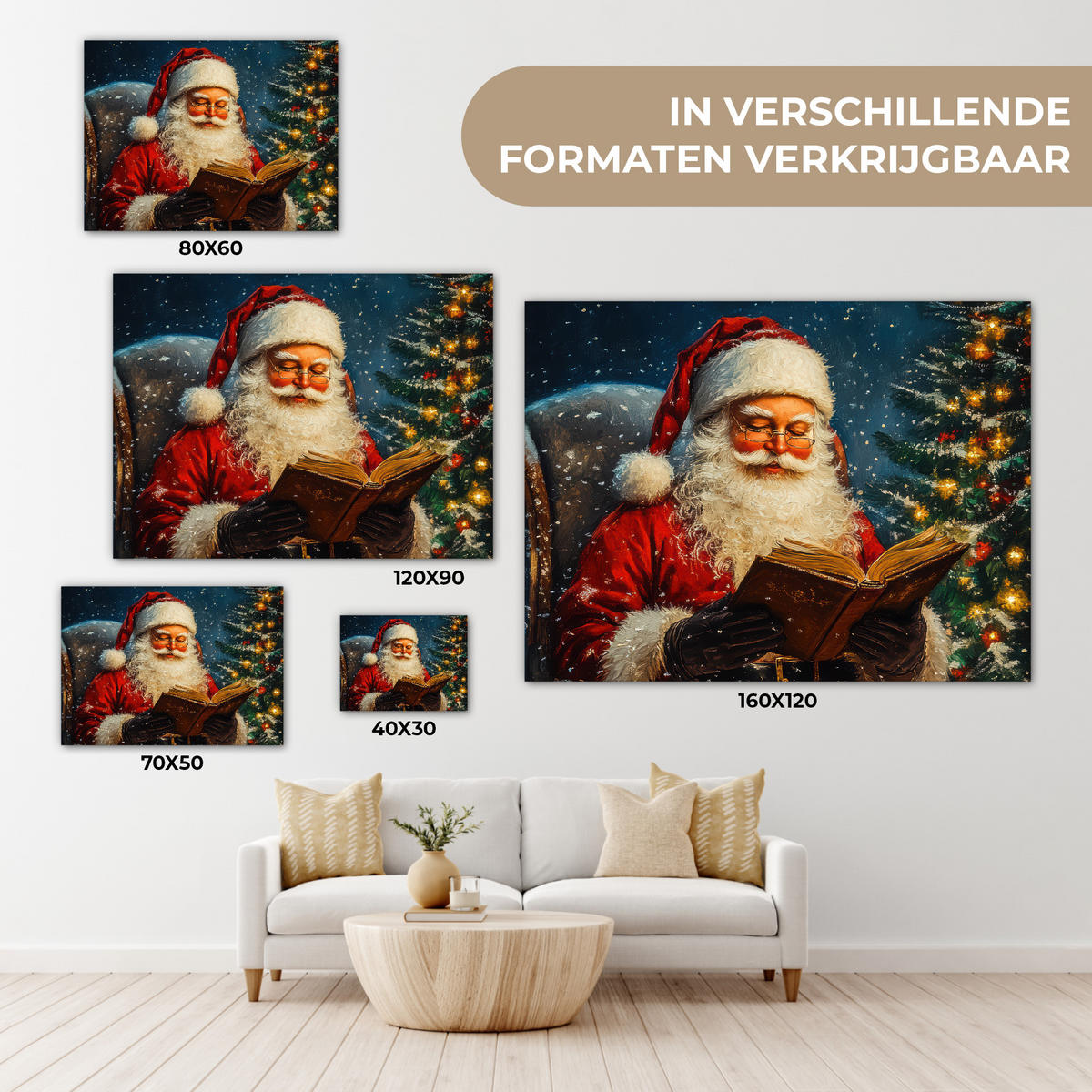 LEINWANDBILD Weihnachtsmann - Weihnachten - Winter - Weihnachtsbaum Wandbild 40x30 cm - Bordeaux, Textil (40/30cm) - MuchoWow