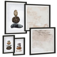 BILDER SET 5er Set - 50x50 cm & 20x30 cm & 40x60 cm Schwarzer Rahmen - Steinstapel-Boho-Malerei - Schwarz, Kunststoff (40/60cm) - TULUP