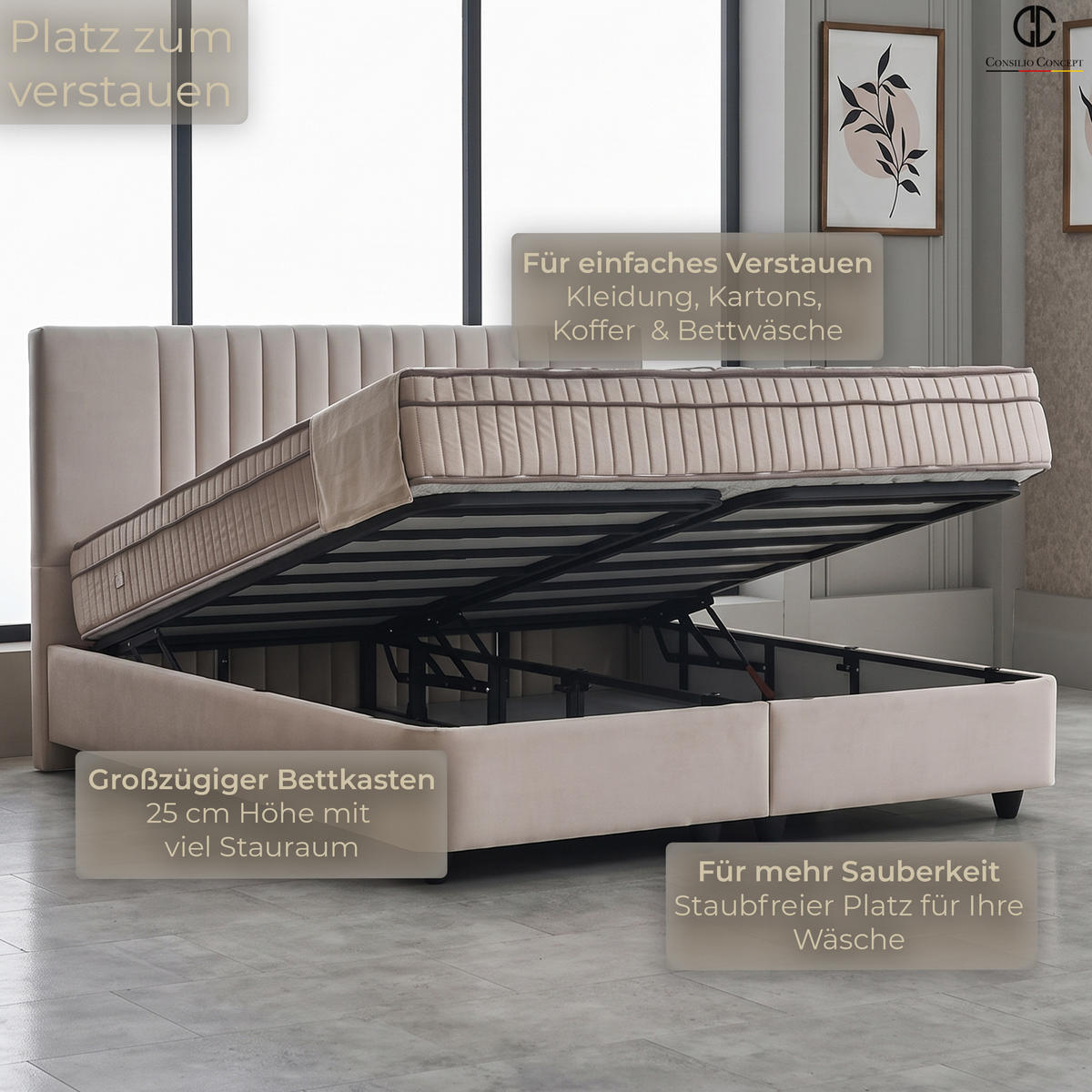 BOXSPRINGBETT MIT BETTKASTEN CARL 140/200 cm, Beige, Bettkasten, Matratze, Topper integriert, H3 mittel 7-Zonen Matratze - Beige/Schwarz, Holz/Kunststoff (140/200cm) - Consilio Concept