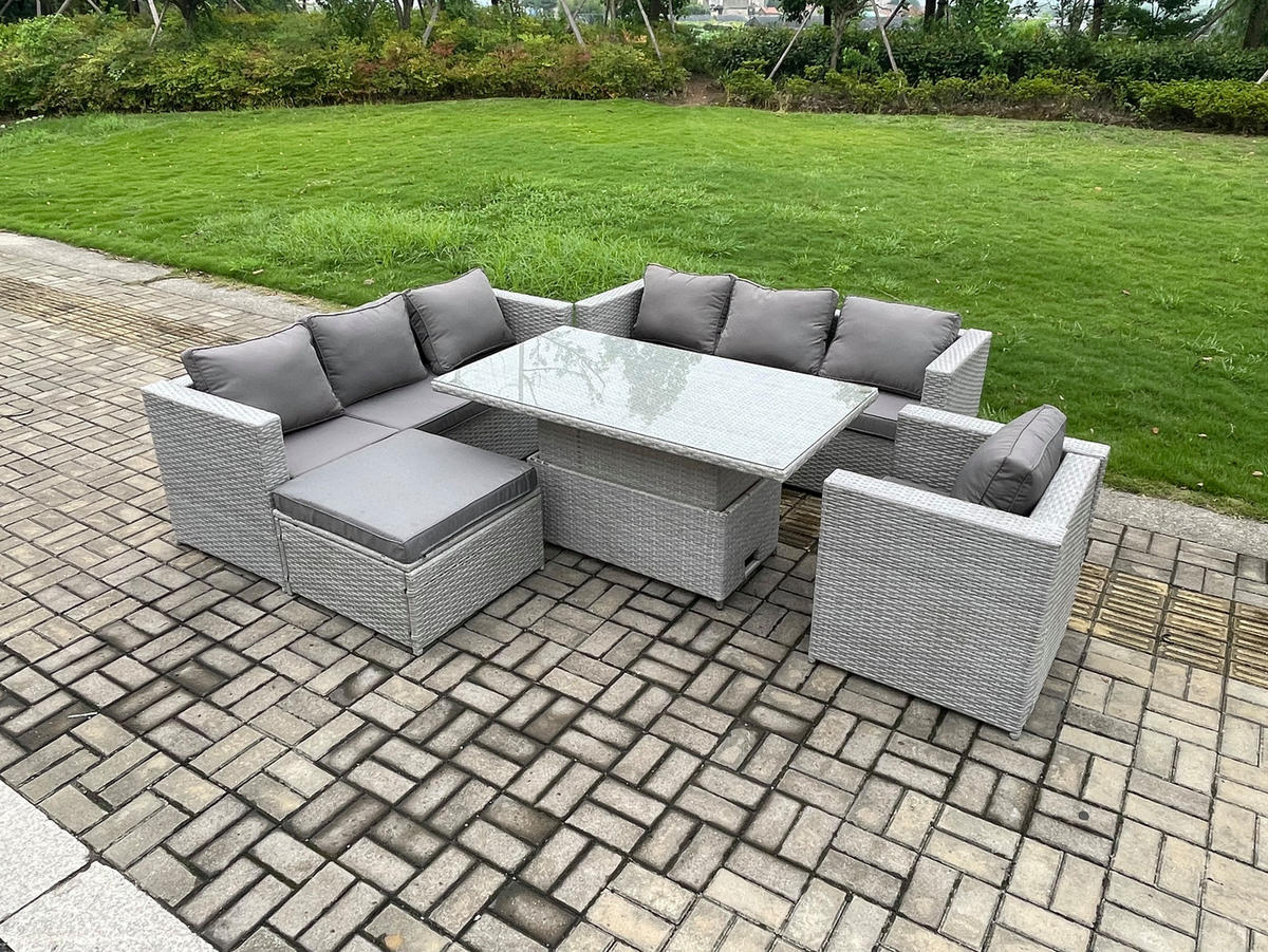 GARTENMÖBEL SET mit höhenverstellbarer Tisch Polyrattan Helles Grau 8-Sitzer - Hellgrau, Metall - Fimous