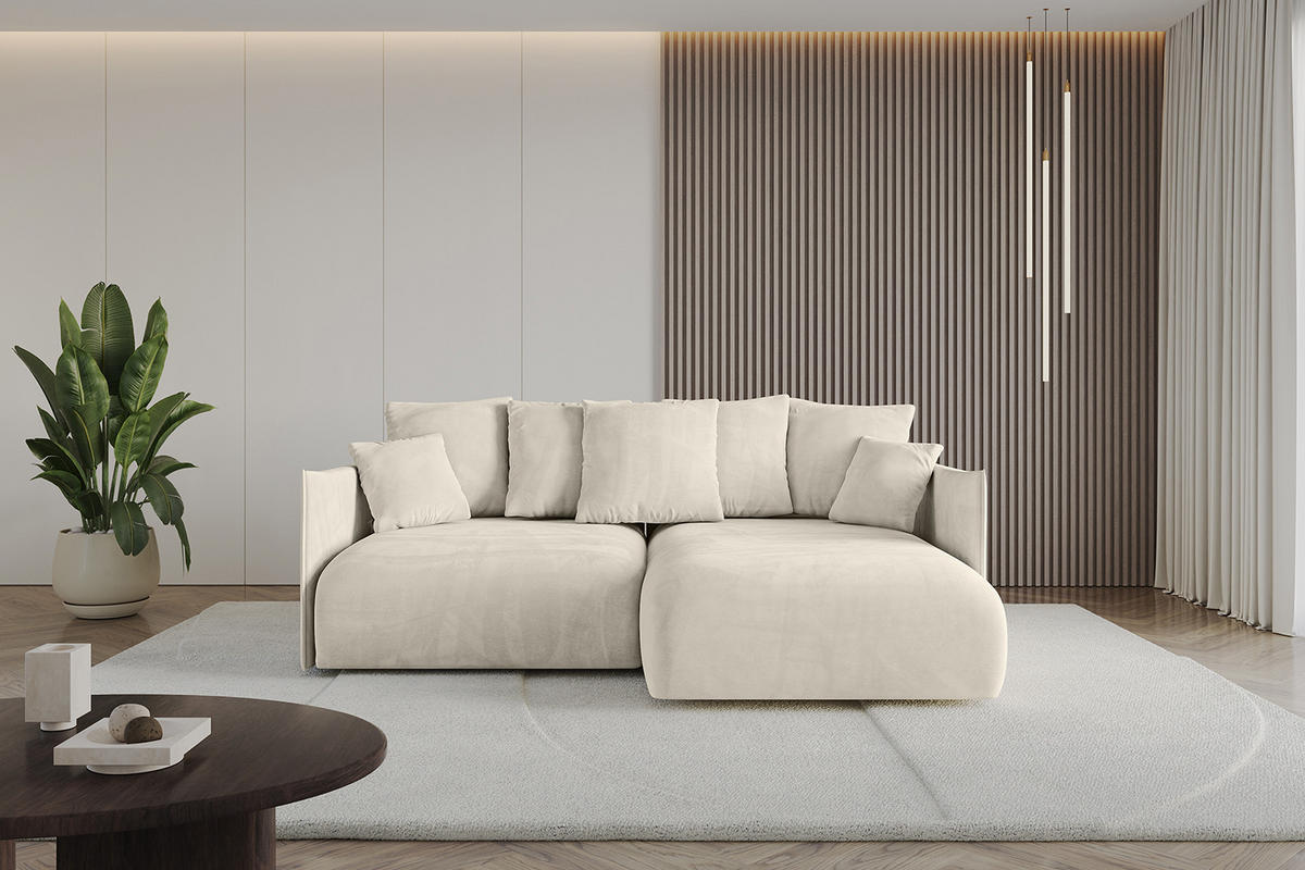ECKSOFA Ottomane rechts ONESK-L 216x177x72 Ecru Velours - Ecru, Holzwerkstoff/Kunststoff (177/216cm) - ALTDECOR