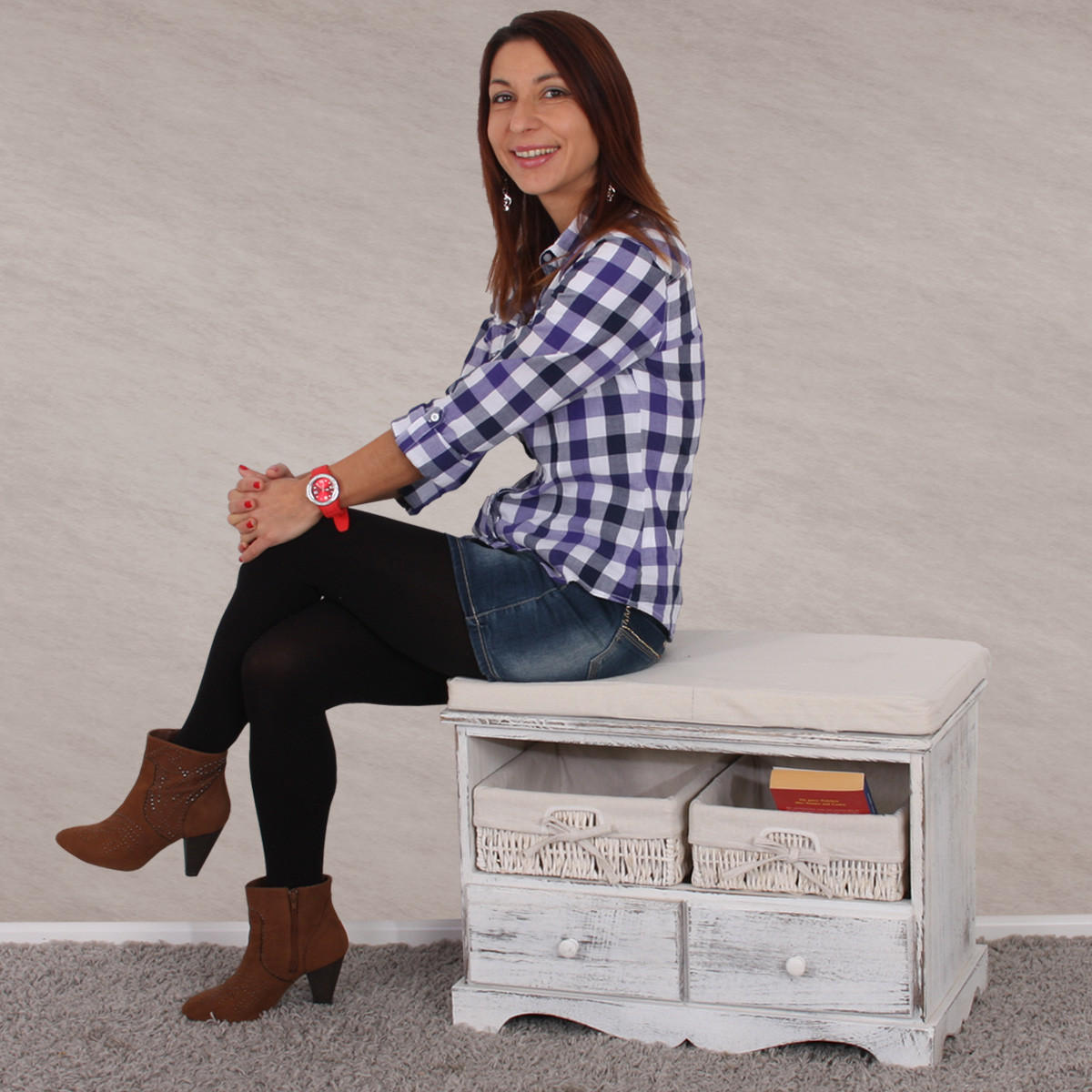 SITZBANK 2 KÖRBE SHABBY-LOOK Cremeweiß - Weiß, Holz (62/42/33cm) - MCW