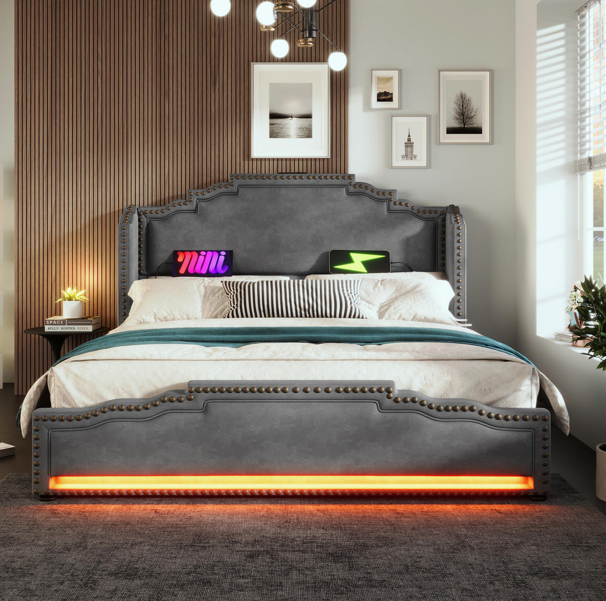 BETT mit 4 Schubladen, LED & USB-C 160x200 cm Samt Grau inkl. Matratze - Grau, Metall (160/200cm) - Meubliv