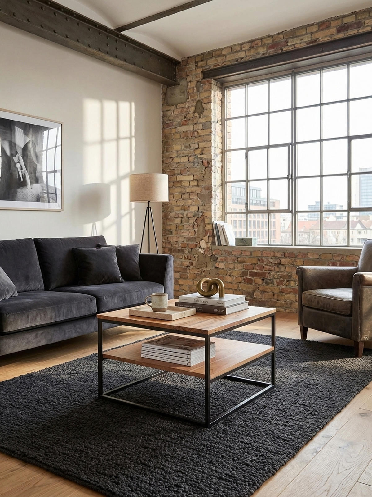 COUCHTISCH Industrial, Akazienholz mit Metallbeinen, zwei Ablageflächen - Beige/Schwarz, Holz/Metall (60/60/41cm) - KADIMA DESIGN