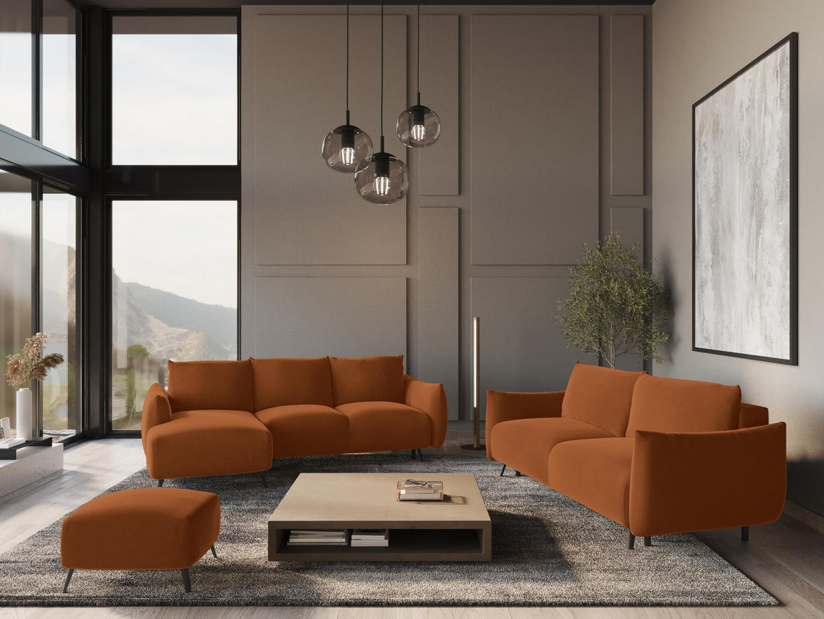 ECKSOFA mit Schlaffunktion Samt Stoff Orange - Terra cotta/Schwarz, Textil/Metall (162/242cm) - Makamii