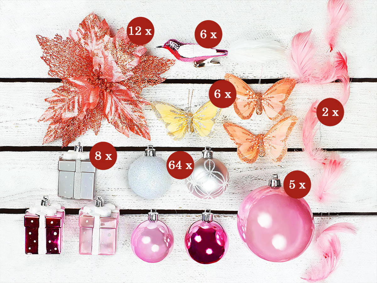 WEIHNACHTSBAUMSCHMUCK-SET PRINZESSIN ANNA, 135-teilig, für Weihnachtsbäume 240–270 cm, inkl. Aufbewahrungsbox - Pink/Silberfarben, Kunststoff/Textil (55/50/75cm) - LAALU