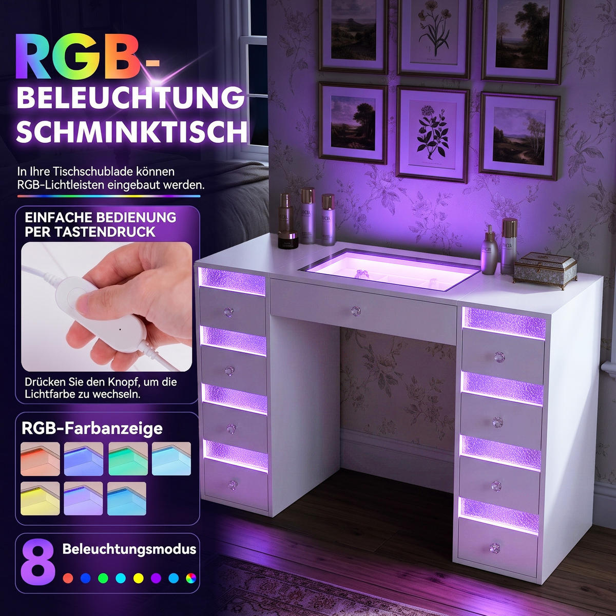 SCHMINKTISCH mit Beleuchtung 9 Schubladen Weiβ 130/55/81 CM - Weiß, Metall (130/81/55cm) - VANITII