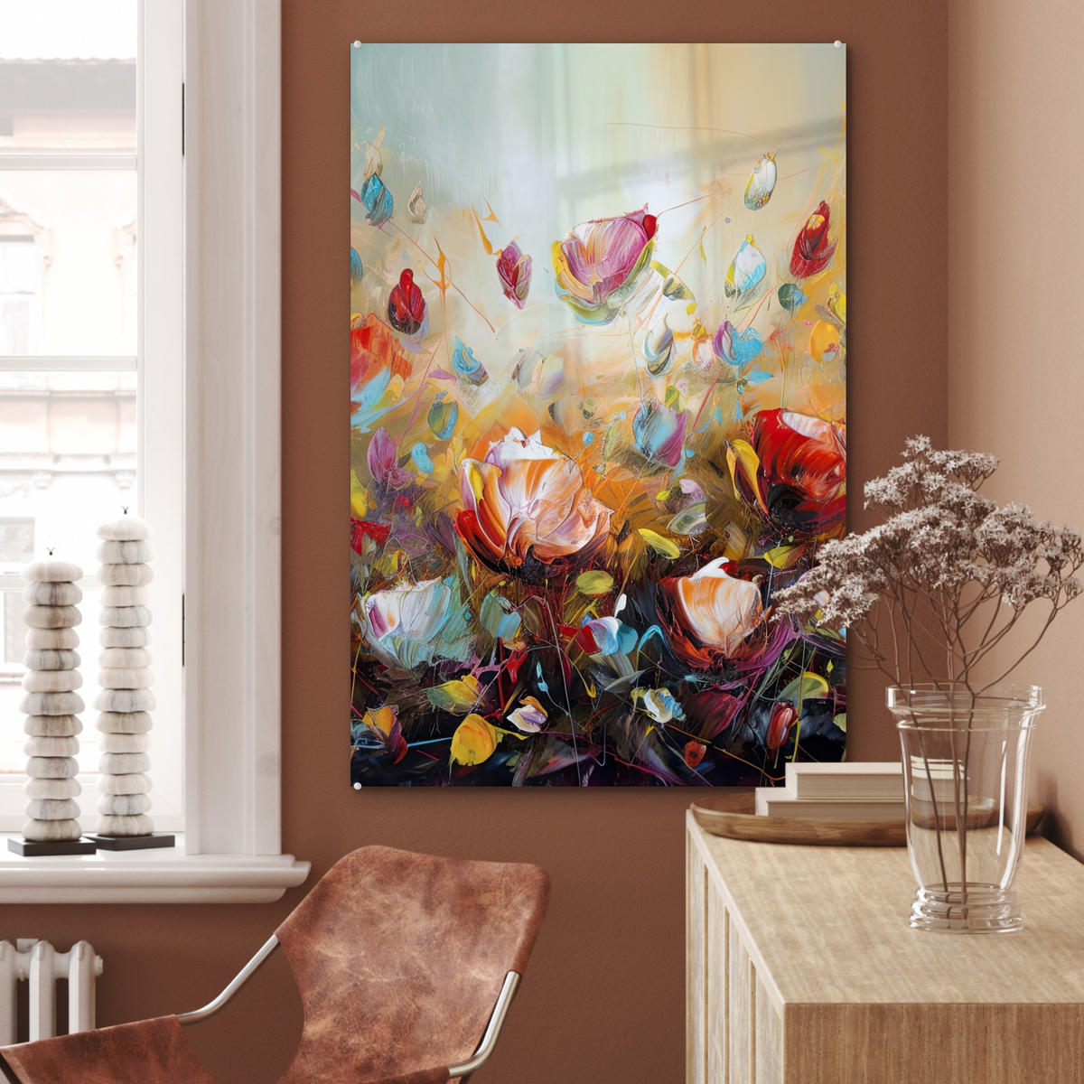 ACRYLGLASBILD Blumen - Kunst - Natur - Ölgemälde 60x90 cm - Multicolor, Glas (60/90cm) - MuchoWow