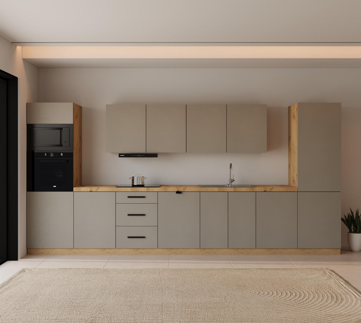 KÜCHENZEILE 440 cm - Langen KL7-M440 in Beige/Matt - Beige, Holz/Metall (440/212/58cm)