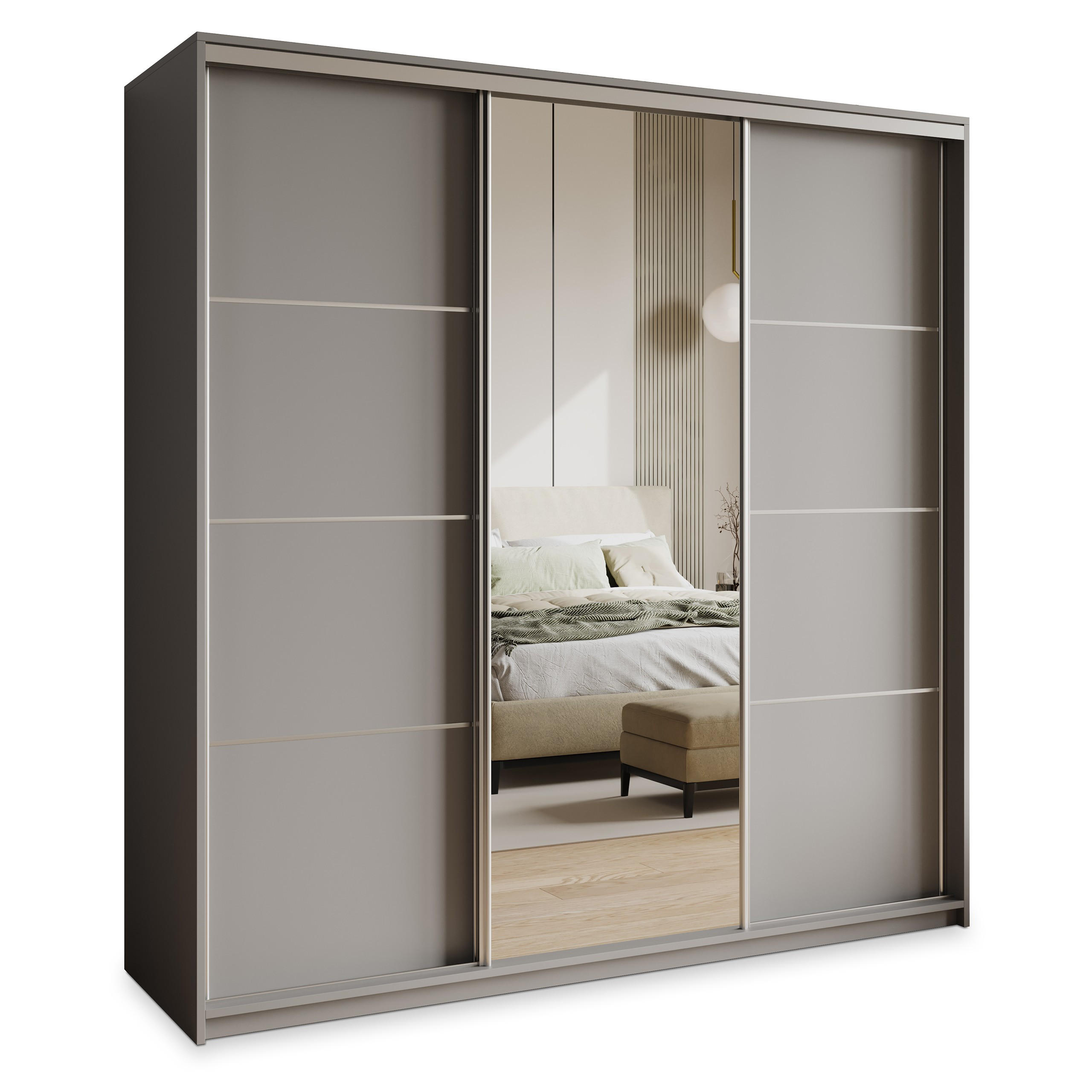 SCHWEBETÜRENSCHRANK VARO 180/205/60 cm 3-türig mit Spiegel und Schubladen Graphitfarben - Graphitfarben/Nickelfarben, Holzwerkstoff (180/205/60cm) - MASSENO
