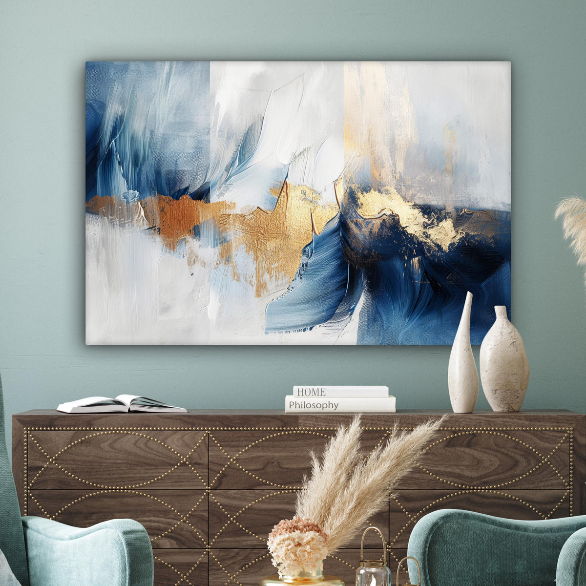 LEINWANDBILD Gold - Blau - Aquarell - Kunst - Modern Wohnzimmer Groß 120x80 cm - Hellblau, Textil (120/80cm) - MuchoWow