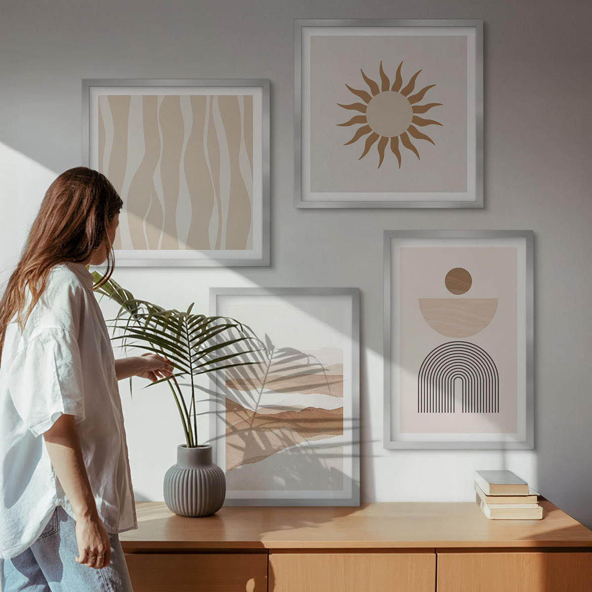 WANDBILDER 4er Set - 50x50 cm & 40x60 cm Silberner Rahmen - Abstrakte Landschafts- und Naturgeometrie - Silberfarben, Kunststoff (50/50cm) - ArtPrintCave