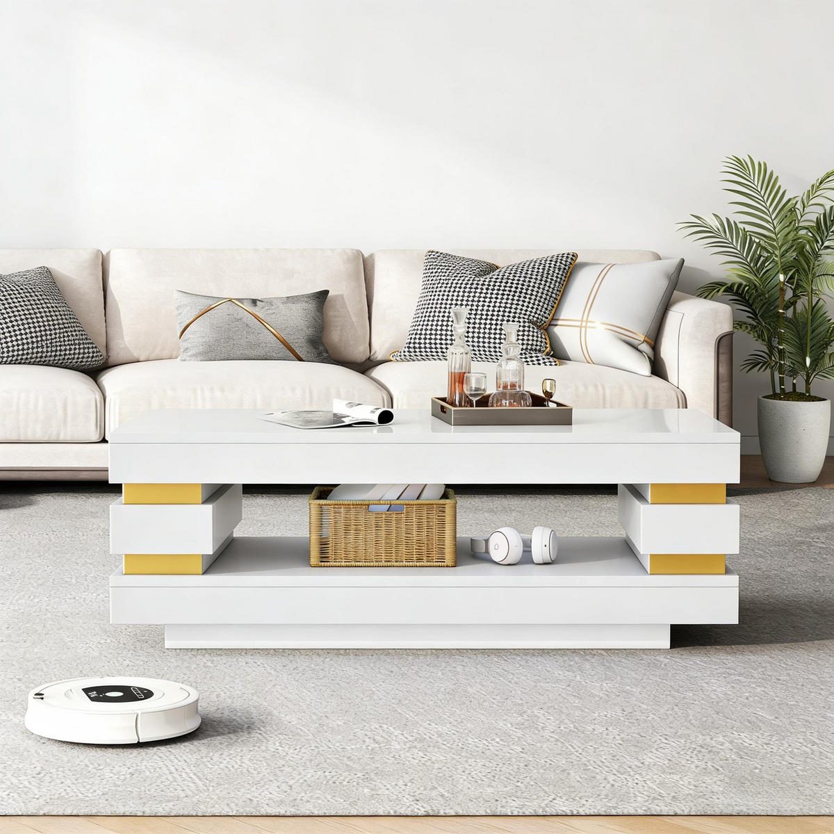 COUCHTISCH 100/50/35 cm weiß aus Spanplatte mit LED-Beleuchtung und offenem Stauraum - Weiß, Holzwerkstoff (100/50/35cm) - OKWISH