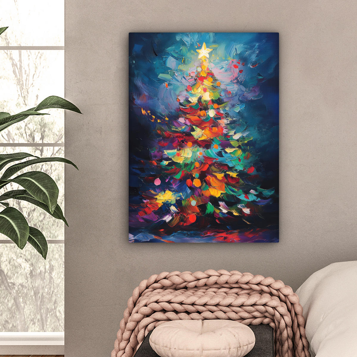 LEINWANDBILD Weihnachtsbaum - Weihnachten - Abstrakt - Farbenfroh Wandbild Wohnzimmer 60x80 cm - Multicolor, Textil (60/80cm) - MuchoWow