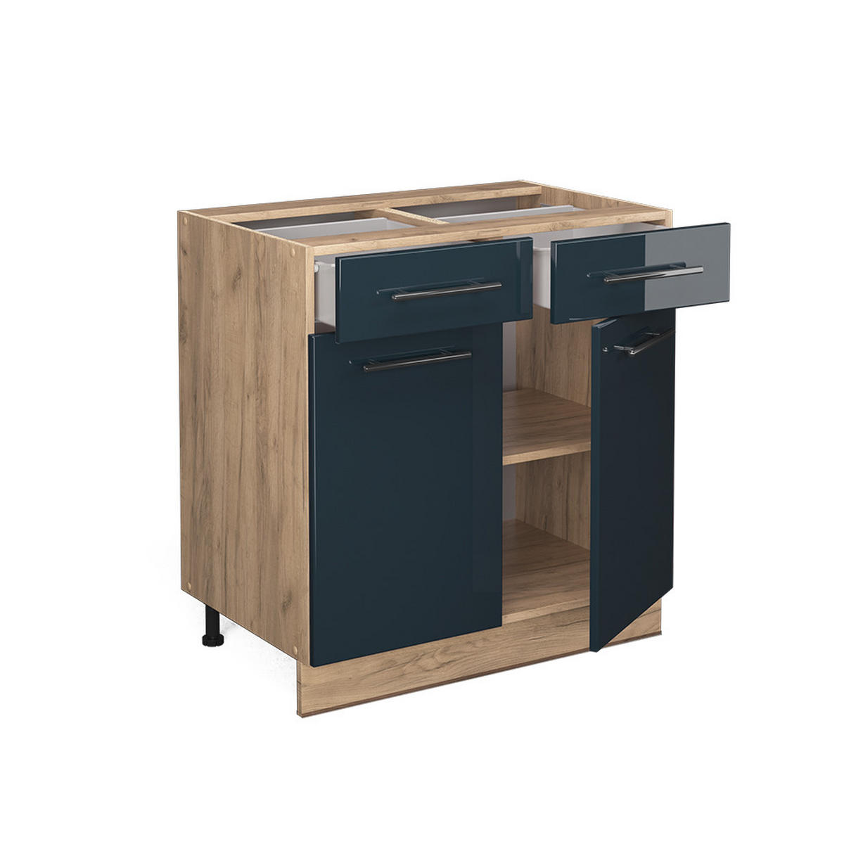 KÜCHENUNTERSCHRANK Fame-Line Dunkelblau Hochglanz 80 cm, AP Eiche - Honigeiche/Eiche Wotan, Holzwerkstoff (80/82/60cm) - Vicco