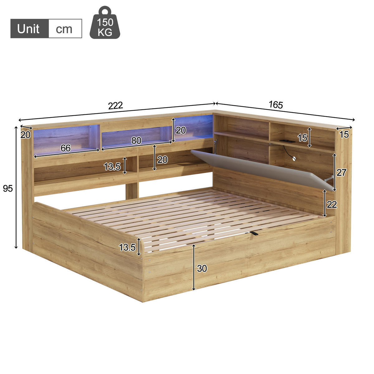 DAYBETT Natur 140x200 LED USB Hydraulik Stauraum Holz - Naturfarben, Holzwerkstoff (140/200cm) - FLIEKS