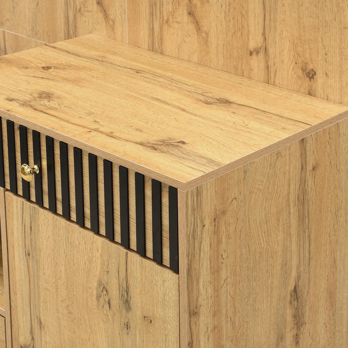 GARDEROBE Flur MDF Schuhschrank Sitzbank Spiegel Soft-Close verstellbare Regale - Schwarz/Naturfarben, Glas/Holzwerkstoff (111/185.5/37cm) - EVRYAE