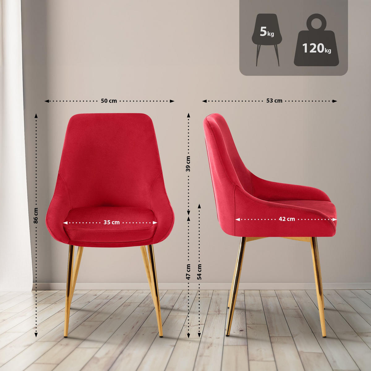 STUHL Samt Rot - Rot/Goldfarben, Textil (50/86/53cm) - CLP