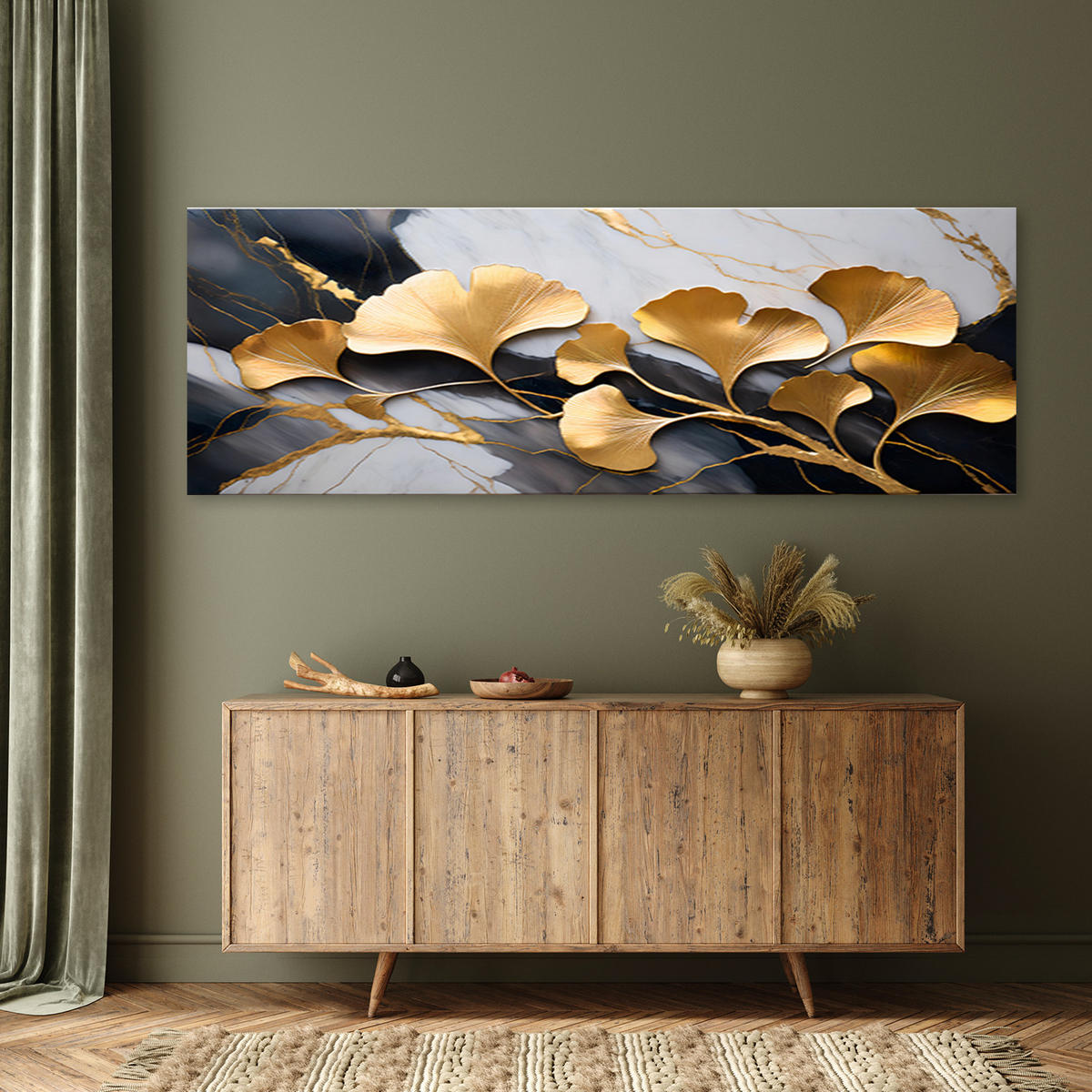WANDBILD ginko blumen botanik marmor grau gold - Goldfarben, Textil (90/30cm) - Feeby