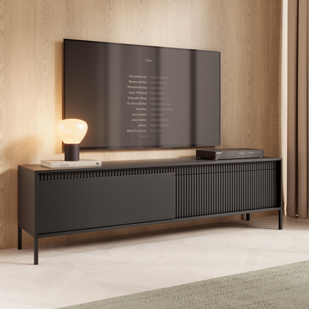TV-LOWBOARD Ferrato E 187 cm Schwarz - mit 2 Türen i Riffel-Optik - Schwarz, Holz/Holzwerkstoff (187/53/39cm) - Ravio