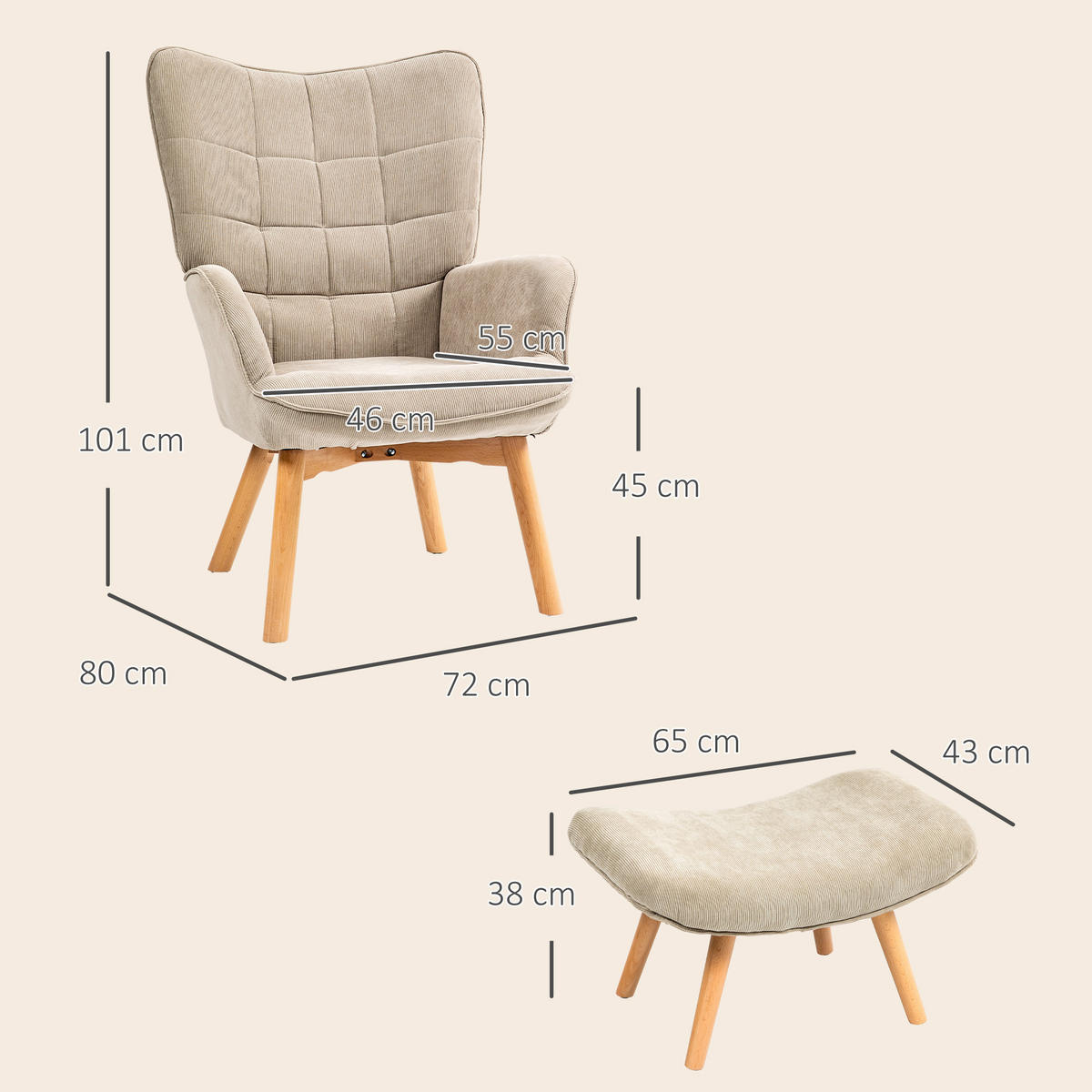 OHRENSESSEL mit Hocker, Relaxsessel, Polstersessel in Cord-Optik, mit Holzbeine - Braun, Holz (72/101/80cm) - HOMCOM