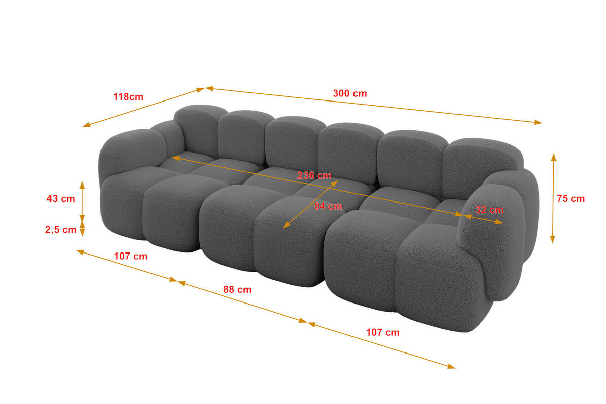 3-SITZER modulares Sofa Miko-S2 300x118x75 cm Grau Bouclé - Chromfarben/Schwarz, Holzwerkstoff/Kunststoff (300/75/118cm) - ALTDECOR