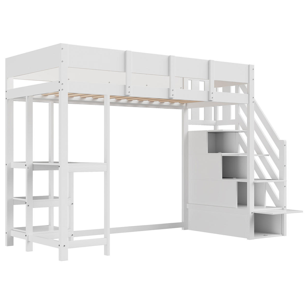 VYSOKÁ posteľ 90/200 cm biela z dreva s úložnými schodmi a policou - biela, drevo (90/200cm) - OKWISH