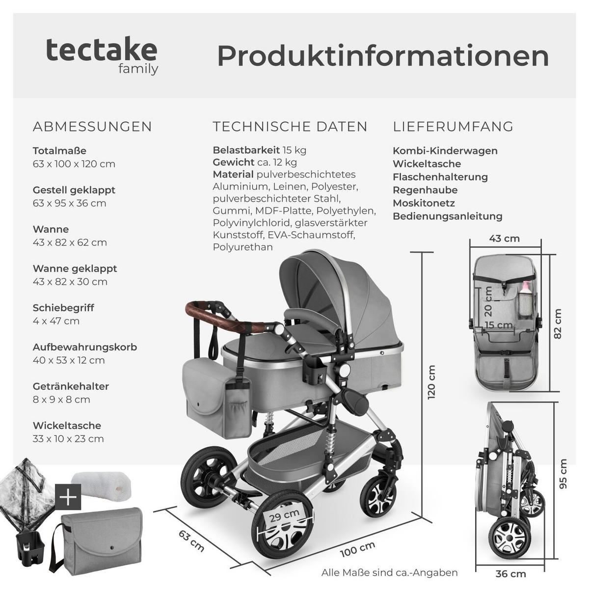 KOMBI-KINDERWAGEN Mats,für 0 bis 36 Monate geeignet, Belastbarkeit 15 kg,grau - Grau, Kunststoff (100/63/120cm) - tectake