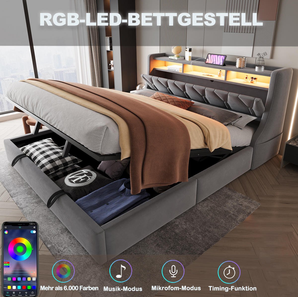 POLSTERBETT 140/200 cm aus Leinen mit LED USB-C und hydraulischem Stauraum Grau - Grau, Textil (140/200cm) - Modenvie