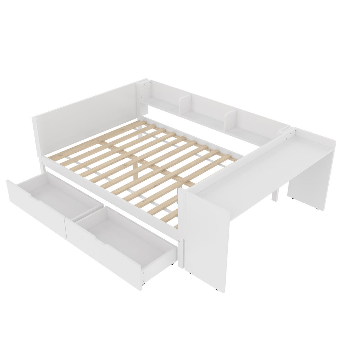 BETT 140/200 cm mit Schreibtisch, 2 Schubladen und 3 Regalen aus Kiefern und Spanplatte, Weiß/Rosa - Weiß, Holzwerkstoff (140/200cm) - Redom