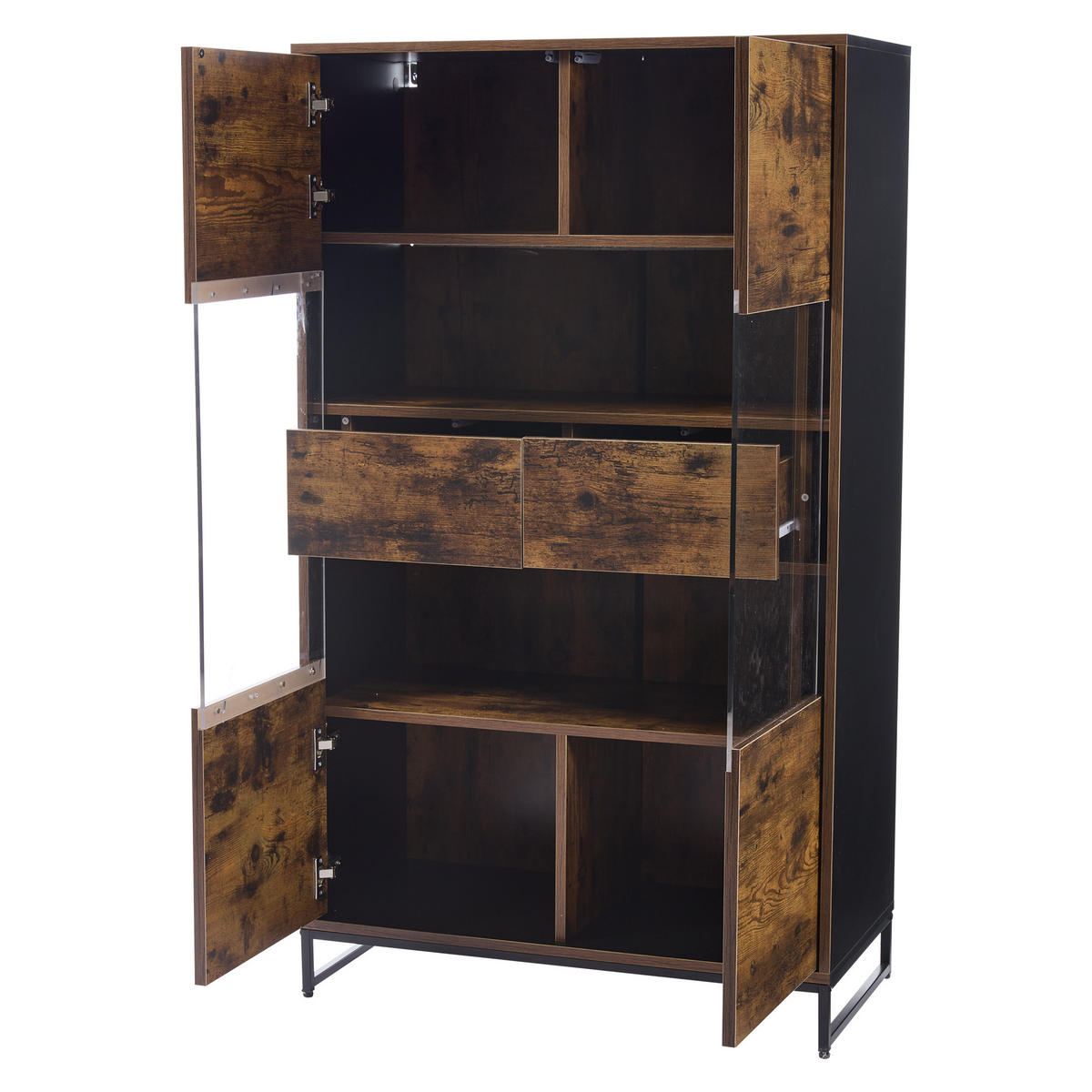 VITRINE DE-37765 mit LED-Beleuchtung und 2 Schubladen Schwarz/Braun - Braun, Holzwerkstoff (80/138/40cm) - ComfortXL