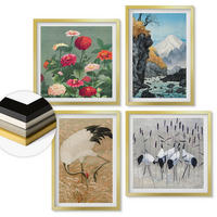 WANDBILDER 4er Set - 50x50 cm & 40x60 cm Goldrahmen - Berge, Fluss, Blumen, Kraniche - Goldfarben, Kunststoff (50/50cm) - ArtPrintCave