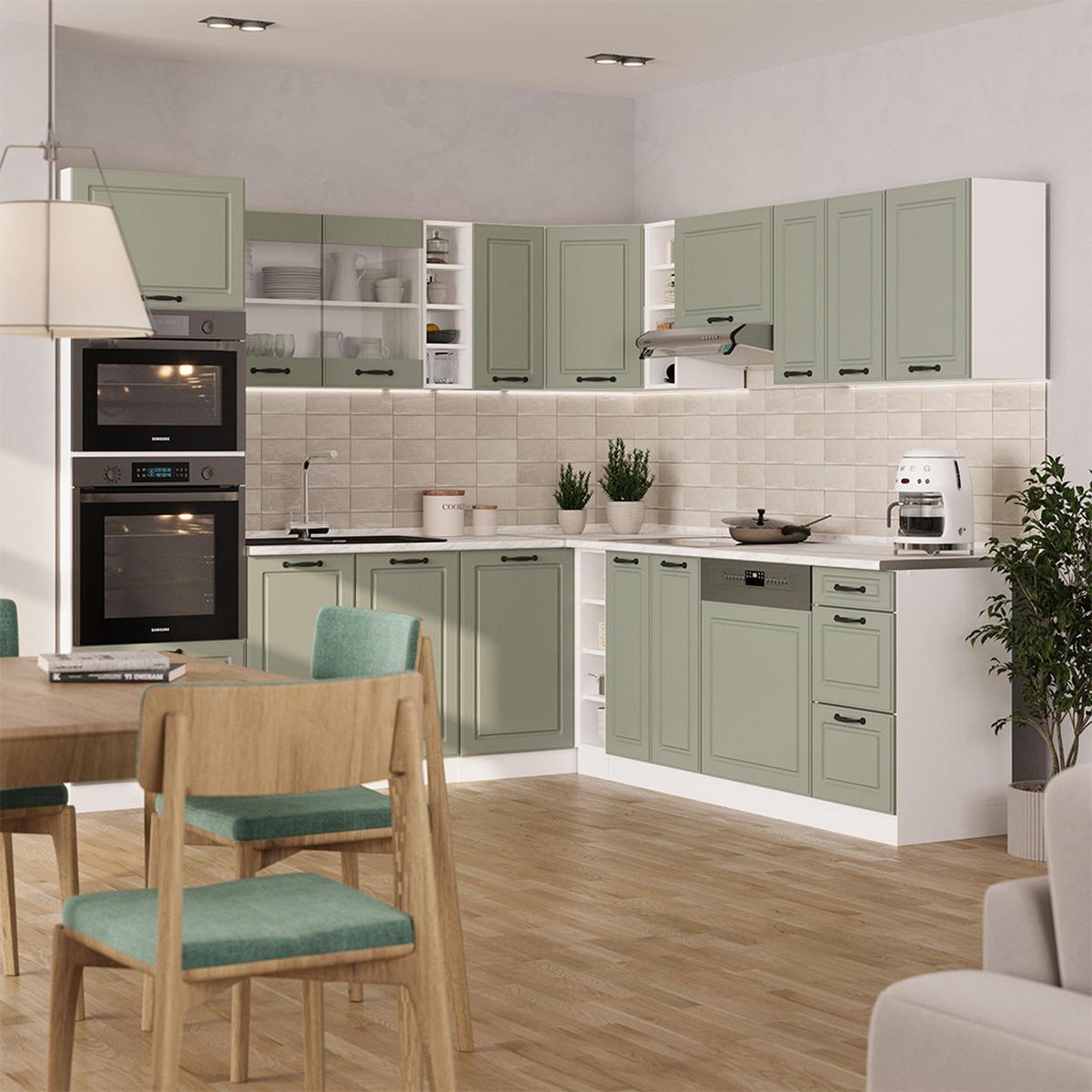 ECKKÜCHE R-Line, Mint Landhaus/Weiß, 247 x 237 cm - Weiß/Grün, Holzwerkstoff (247/206.8/60cm) - Vicco