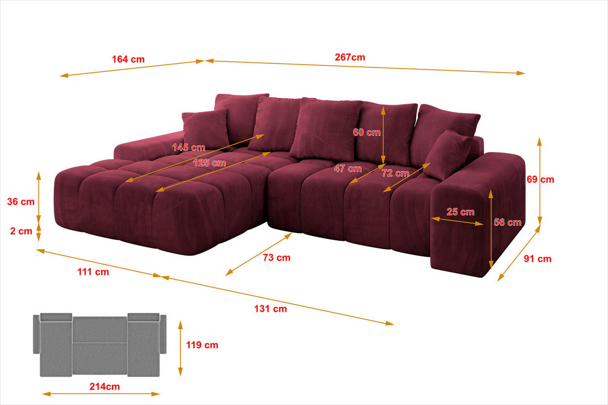 ECKSOFA Ottomane Links ENSI-L - 267x164x69 cm Bordeaux - Bordeaux, Holzwerkstoff/Kunststoff (267/164cm) - ALTDECOR