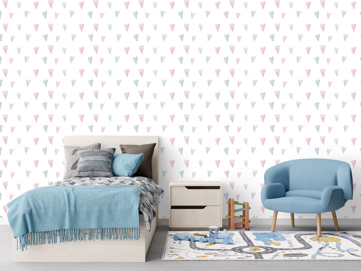 VLIESTAPETE Kleine Pastellherzen – Rosa, Mint, Weiß – 50x1000 cm - Rosa/Weiß, Papier (50/1000cm) - Muralo