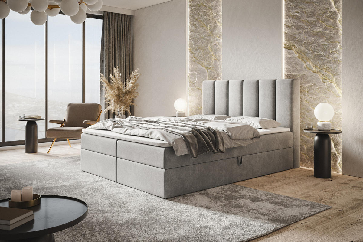BOXBETT TOKIO mit 2 Bettkästen, 120x200, Farbe: Grau, Velourstoff, Doppelbett mit Bonell-Matratze - Grau, Holz/Kunststoff (120/200cm) - Alpi-Möbel