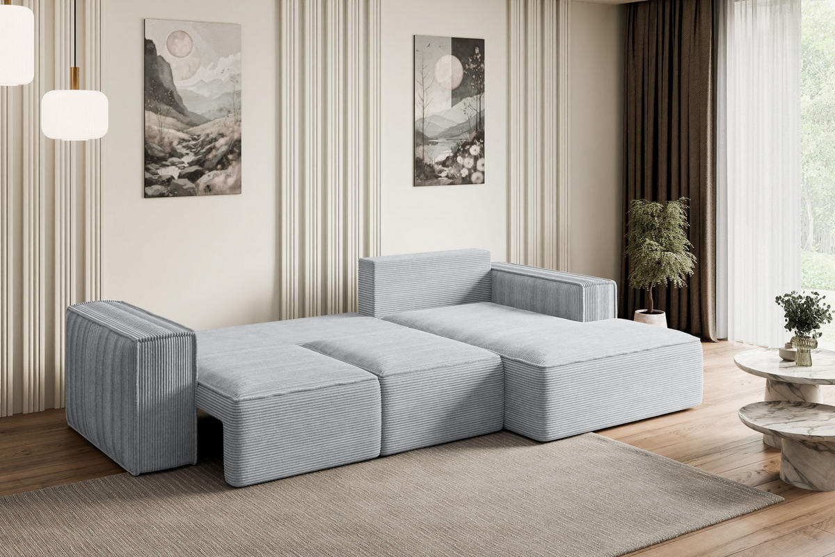 ECKSOFA mit Schlaffunktion und Bettkasten SERRA-L-S - 266x161x87 cm Grau Cord - Schwarz/Grau, Holzwerkstoff/Kunststoff (266/161cm) - ALTDECOR