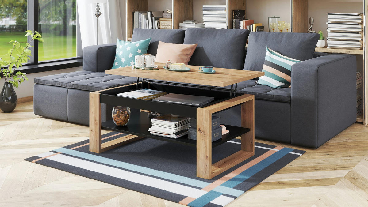 COUCHTISCH rechteckig Eiche Artisan - Schwarz aufklappbar 110/65/50 cm - Schwarz/Eiche Artisan, Holzwerkstoff (65/110/50cm) - designimpex