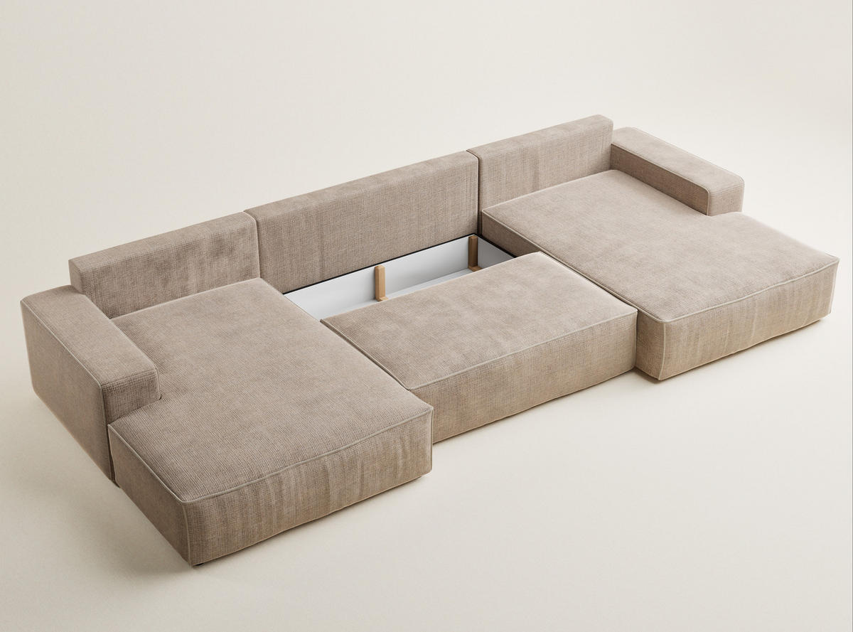 WOHNLANDSCHAFT Deseo Beige Chenille-Stoff - Beige/Schwarz, Holz/Holzwerkstoff (398/70/148cm) - Maison de Reve