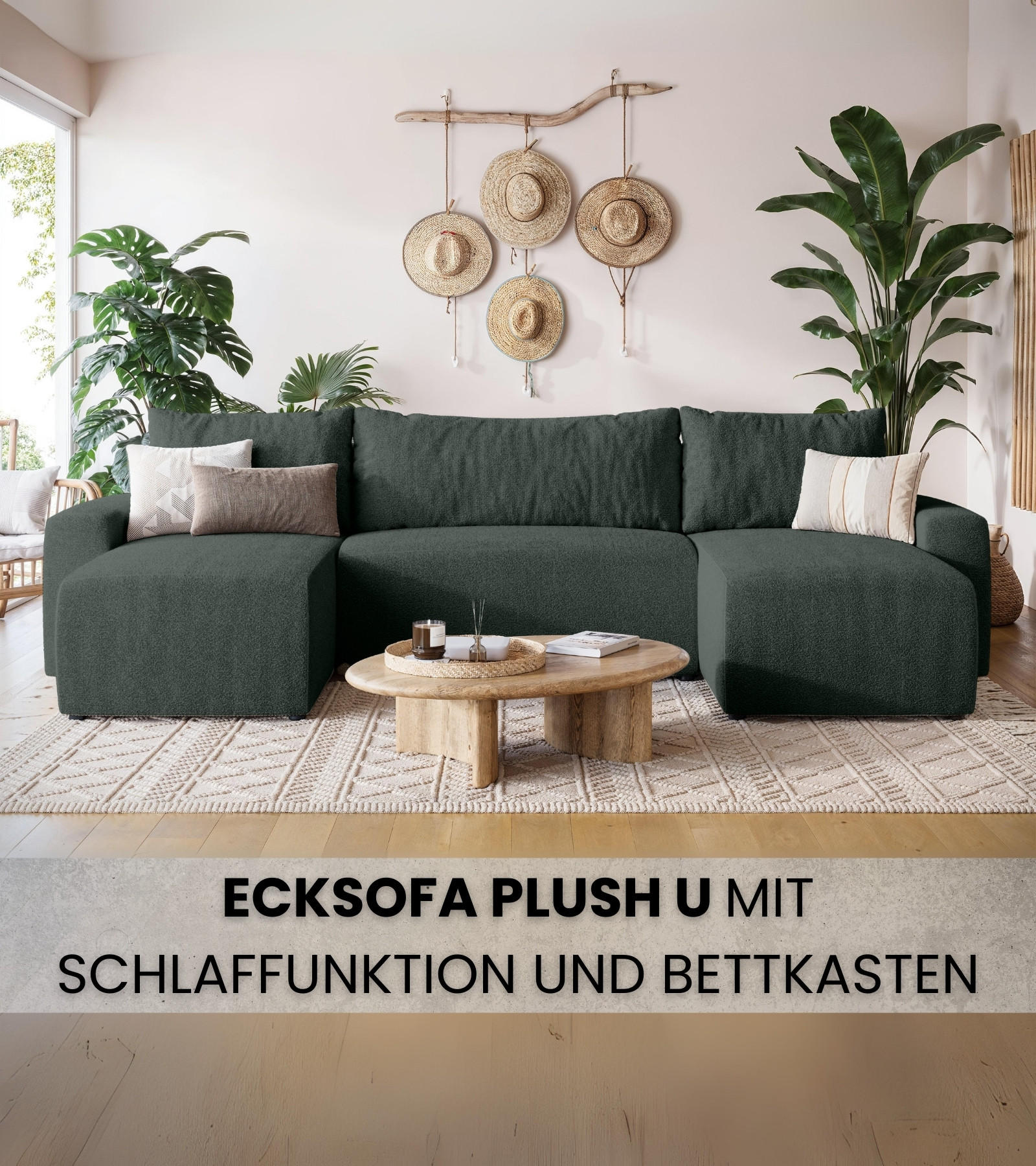 WOHNLANDSCHAFT Plush mit Schlaffunktion Grün Boucle - Grün, Kunststoff/Textil (315/72/145cm) - Bromarkt