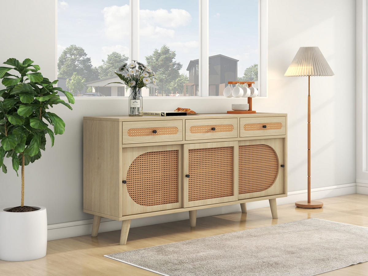 SIDEBOARD 140/40/78 cm, 3 Schubladen und 3 Türen, Oak-Optik mit PE-Rattantüren, Eiche - Eichefarben, Holzwerkstoff (140/78/40cm) - Redom