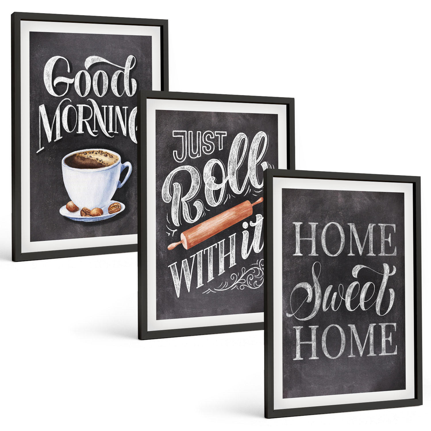 BILDER SET 3er Set - 40x60 cm Schwarzer Rahmen - Motive und Inschriften für die Küche - Schwarz, Kunststoff (40/60cm) - TULUP