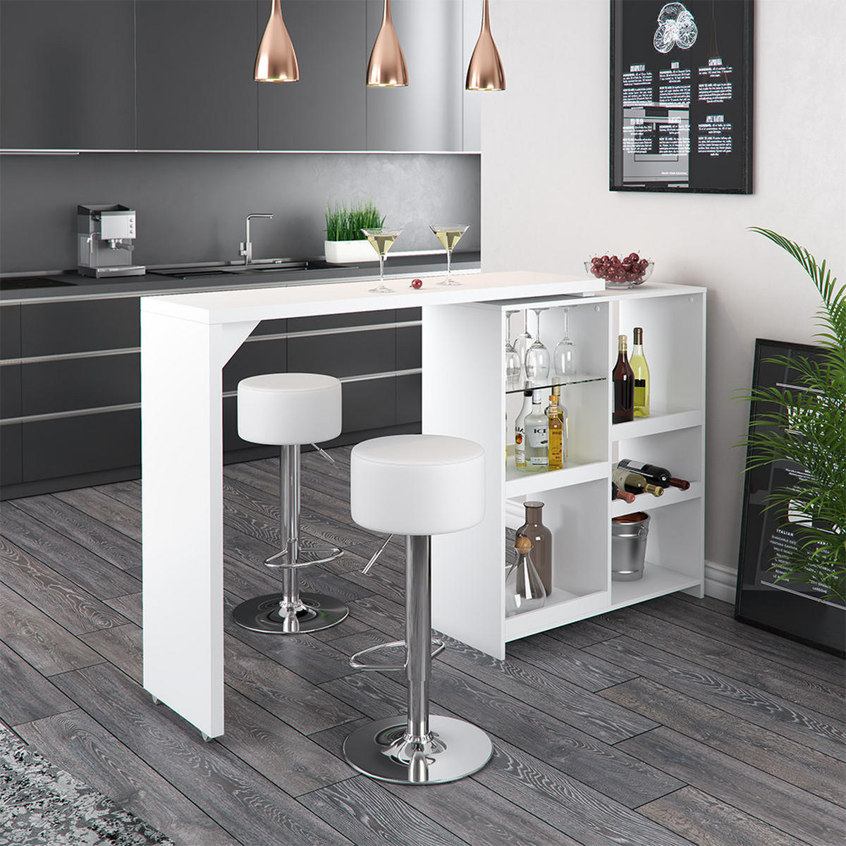 BARTISCH-SET Vega Weiß 138 x 39 cm mit 2 Barhockern - Weiß, Holzwerkstoff (138/110.4/39cm) - Vicco