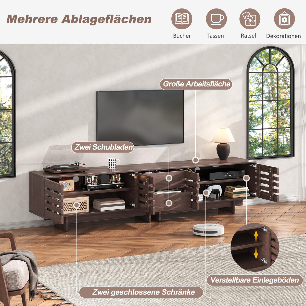 LOWBOARD in Walnussfarben TV-Schrank mit Schubladen für Fernseher bis zu 80 Zoll, B200/T39.5/H55 cm - Walnussfarben, Holzwerkstoff (200/55/39.5cm) - STILVORA